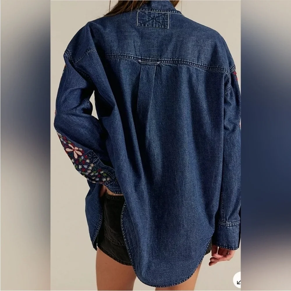 Free People Rainbow 🌈 Embroidered Denim Shirt- SM